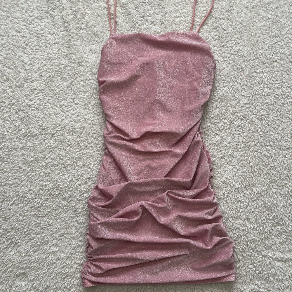 SHEIN Pink Petite Backless Ruched Glitter Bodycon Dress Size Small - Picture 4 of 10